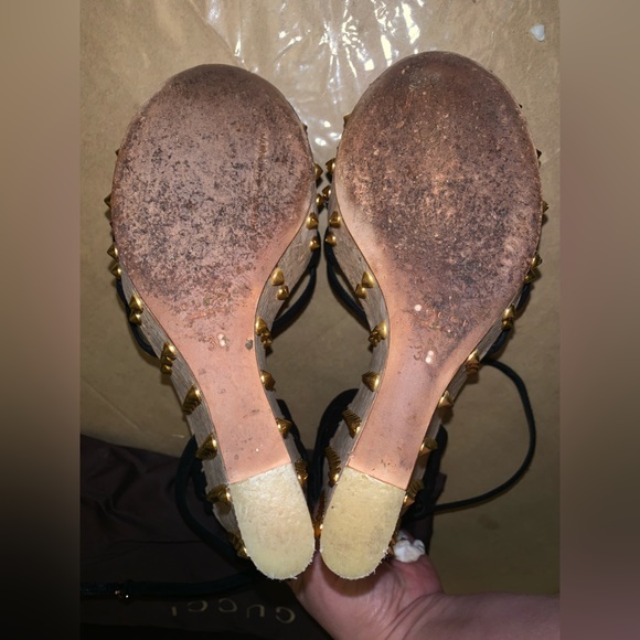 Gucci Black Gold Studded Cork Wedges Sandal-38 - Picture 9 of 11